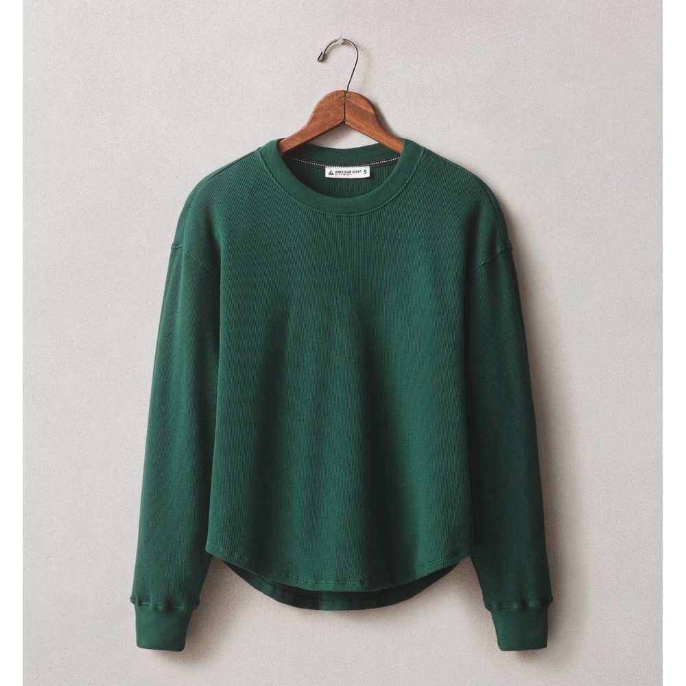 NWOT American Giant Women Waffle Knit Thermal Long Sleeve Shirt Green L USA Made